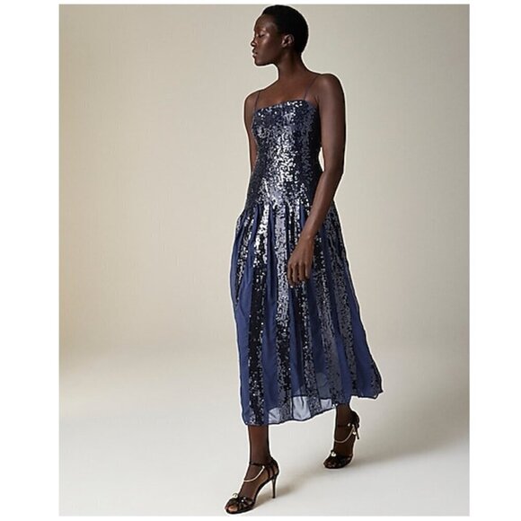 Christopher John Rogers X J.Crew Pleated Dress Sequins Navy Size 14/L NWT - Picture 1 of 14